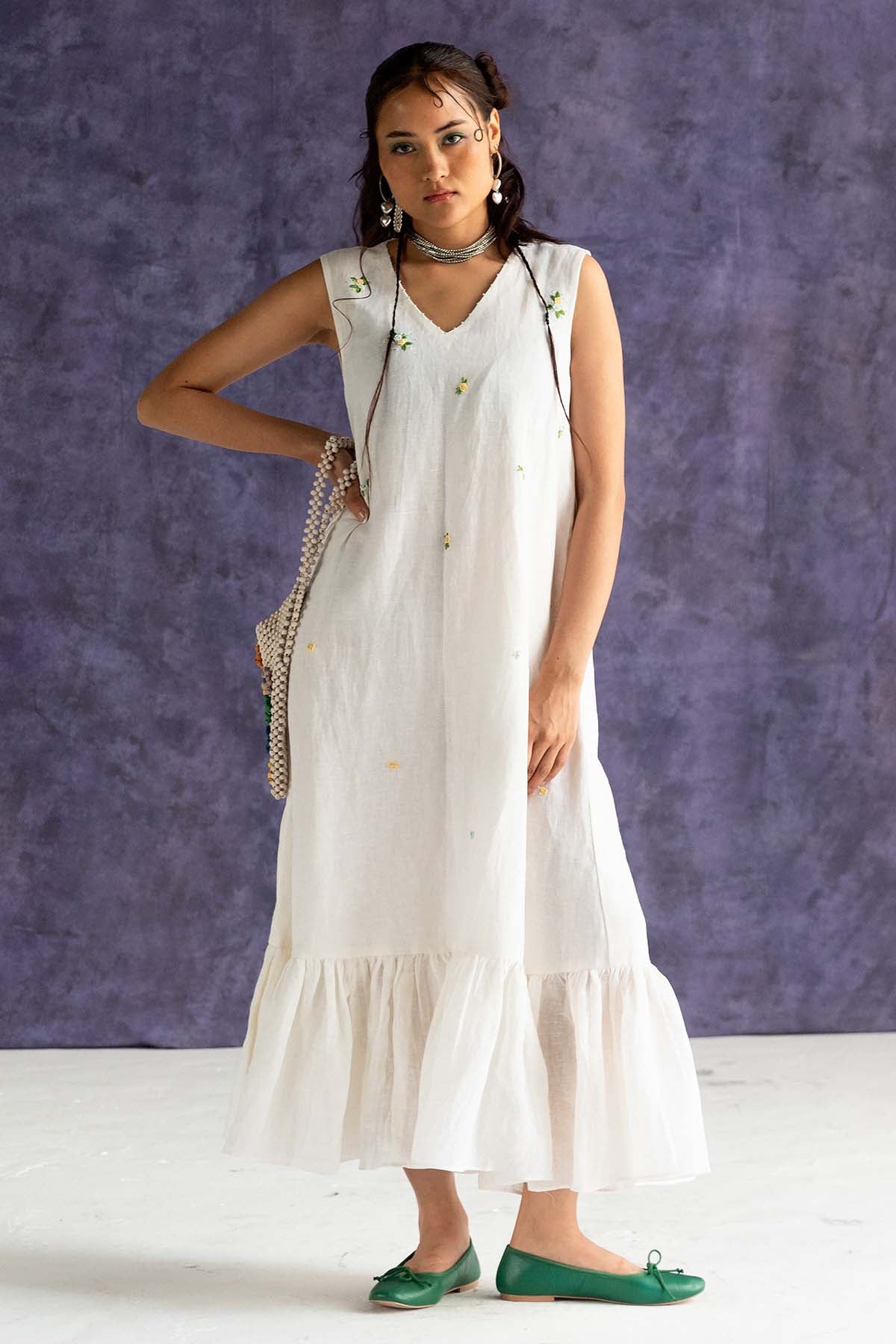 Buy Designer Ivory Linen A-Line Maxi Dress Online