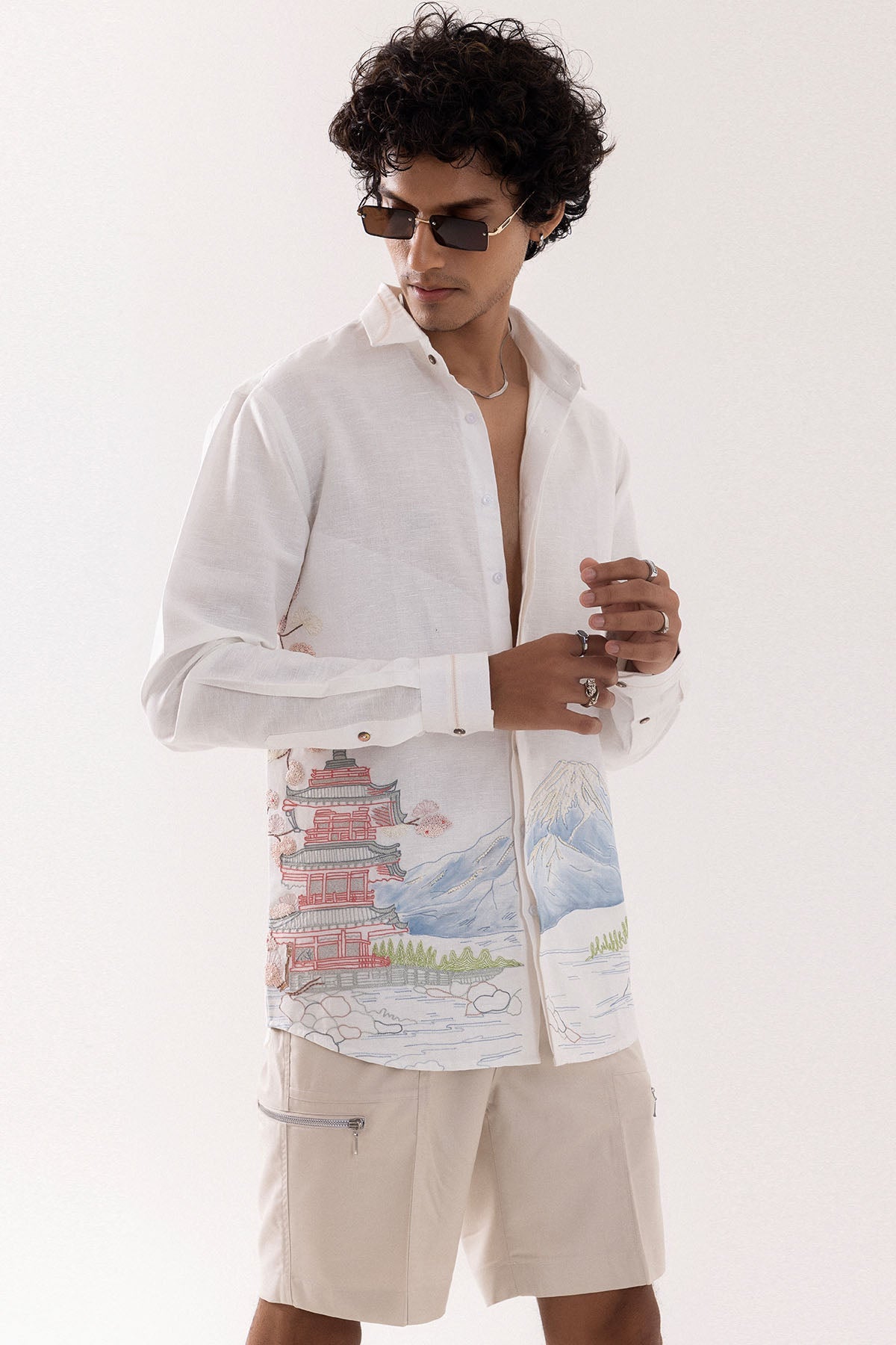 Buy Ivory Linen Aari Stitched Shirt for men by Paarsh Atelier online available at scrollnshops