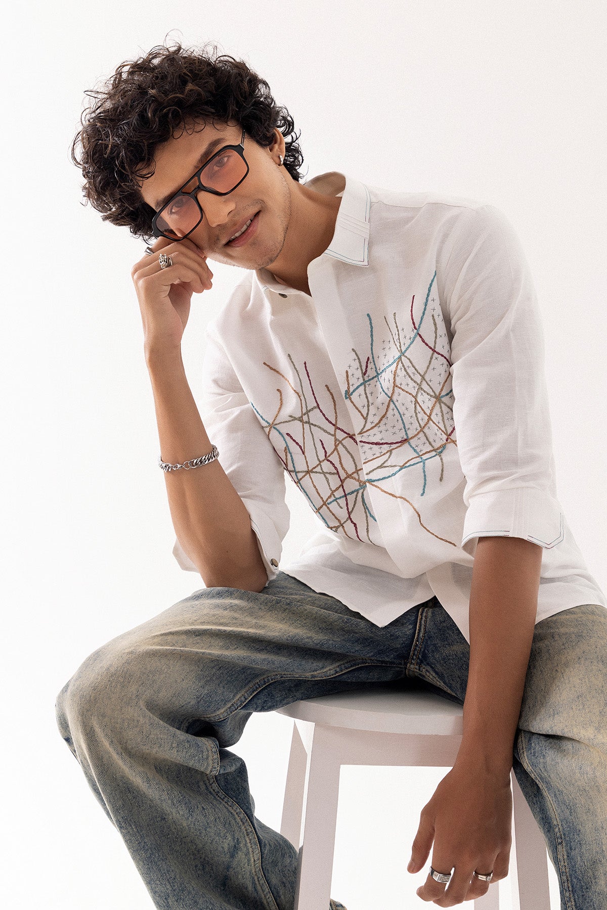 Ivory Linen Chain Stitch Shirt