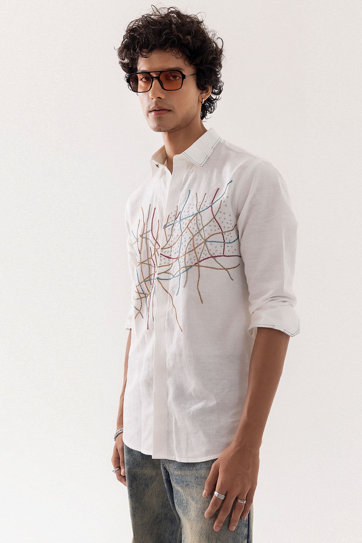 Ivory Linen Chain Stitch Shirt