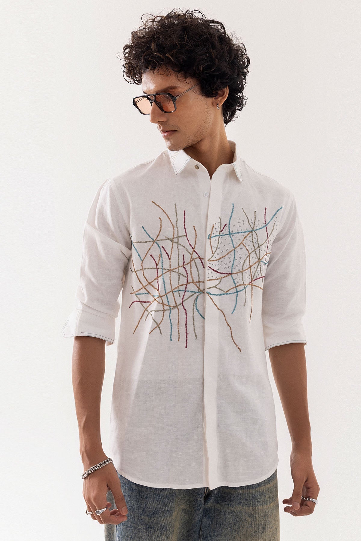 Buy Ivory Linen Chain Stitch Shirt for men by Paarsh Atelier online available at scrollnshops