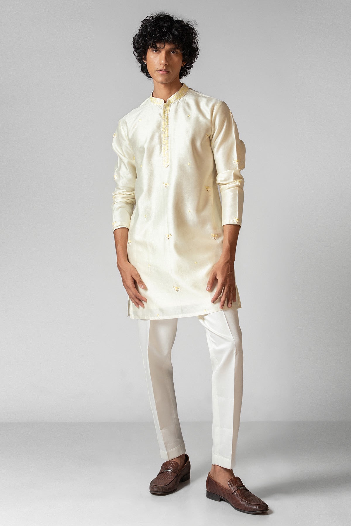 Buy Ivory Linen Floral Kurta & Pant for men by Paarsh Atelier online available at scrollnshops