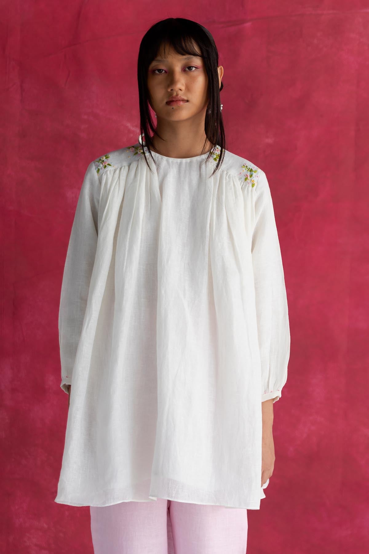 Ivory Linen Gathered Mini Dress