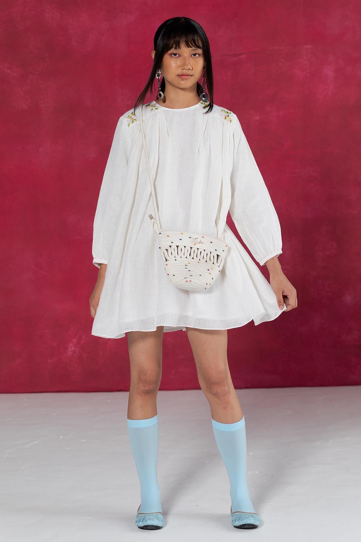 Buy Designer Ivory Linen Gathered Mini Dress Online