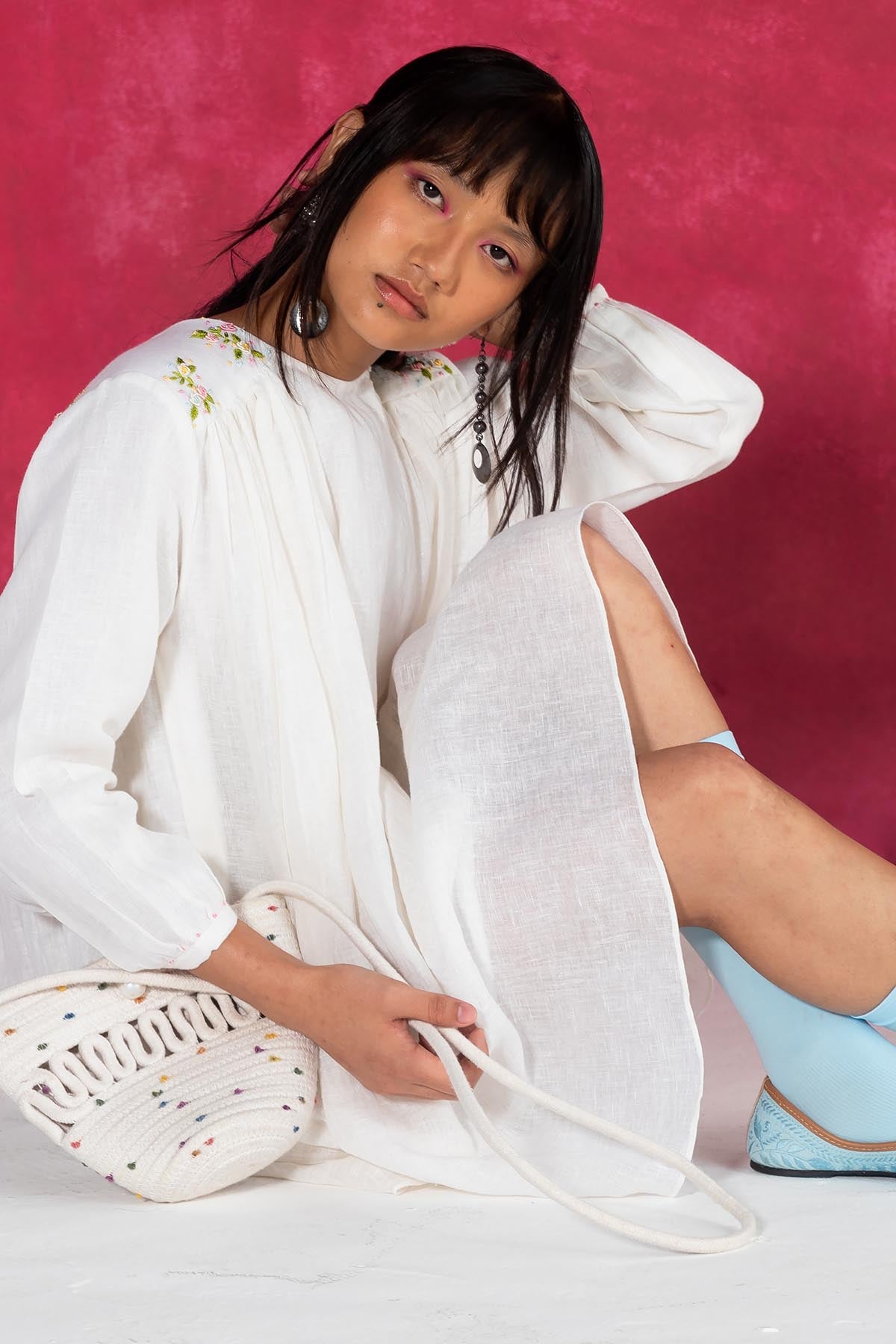 Ivory Linen Gathered Mini Dress