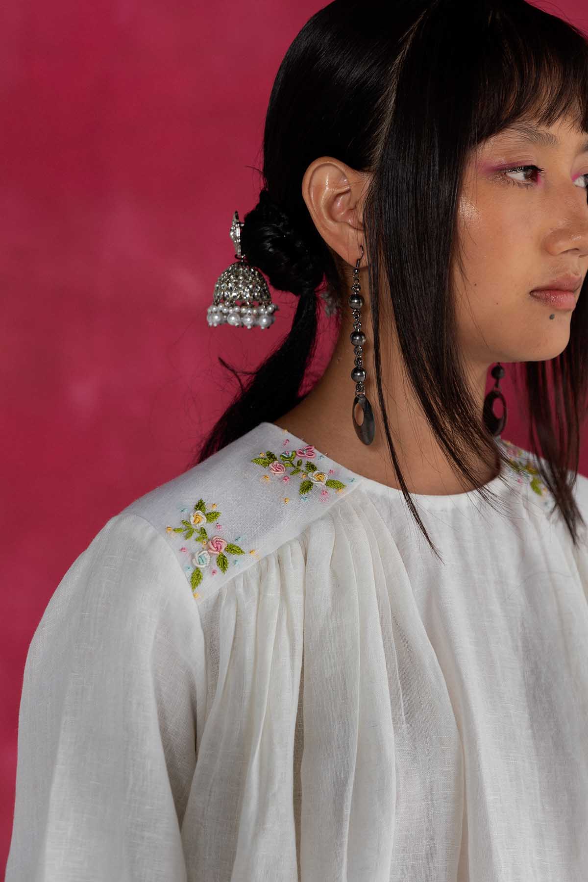 Ivory Linen Gathered Mini Dress