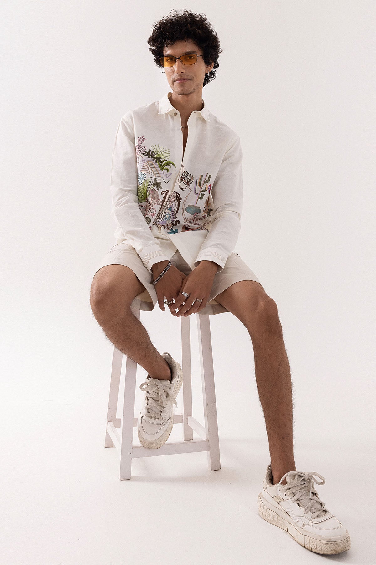 Ivory Linen Mexican Motif Shirt