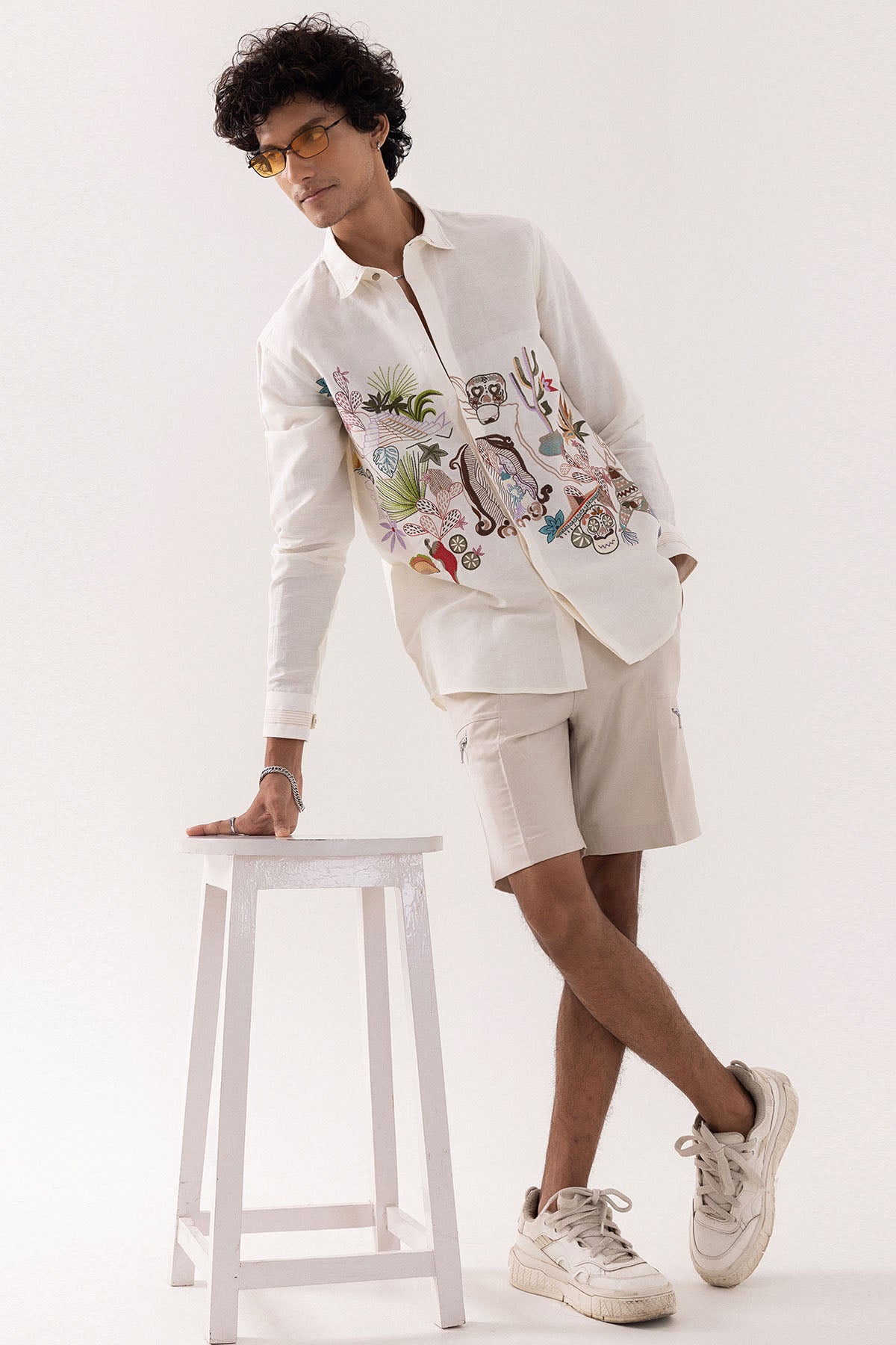 Ivory Linen Mexican Motif Shirt