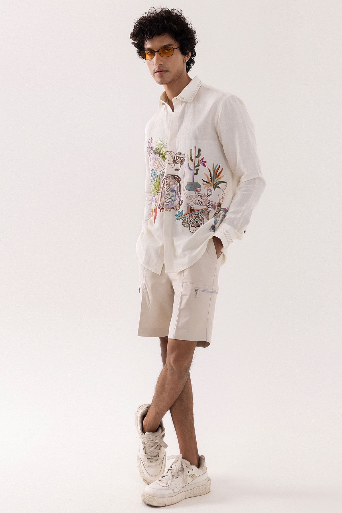 Ivory Linen Mexican Motif Shirt