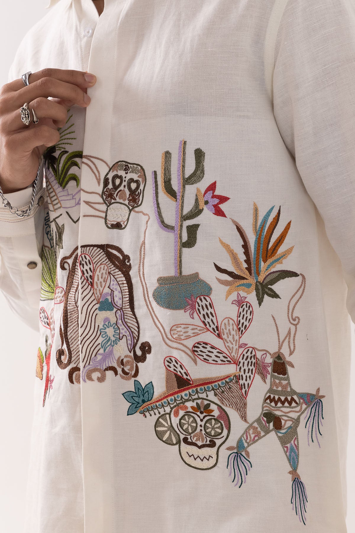 Ivory Linen Mexican Motif Shirt