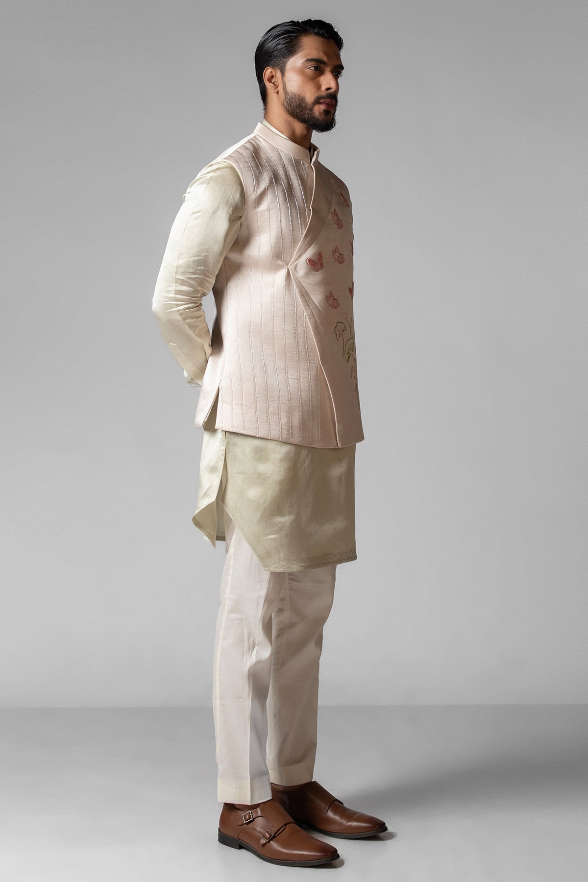 Ivory Linen Reshams Kurta Set