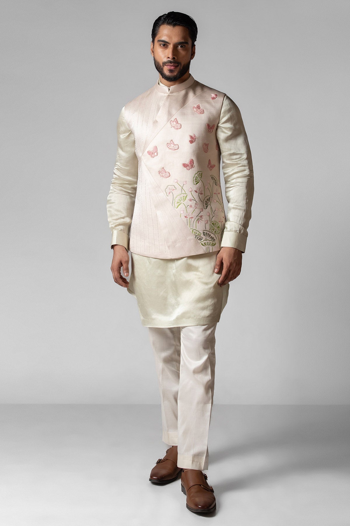 Buy Ivory Linen Reshams Kurta Set for men by Paarsh Atelier online available at scrollnshops