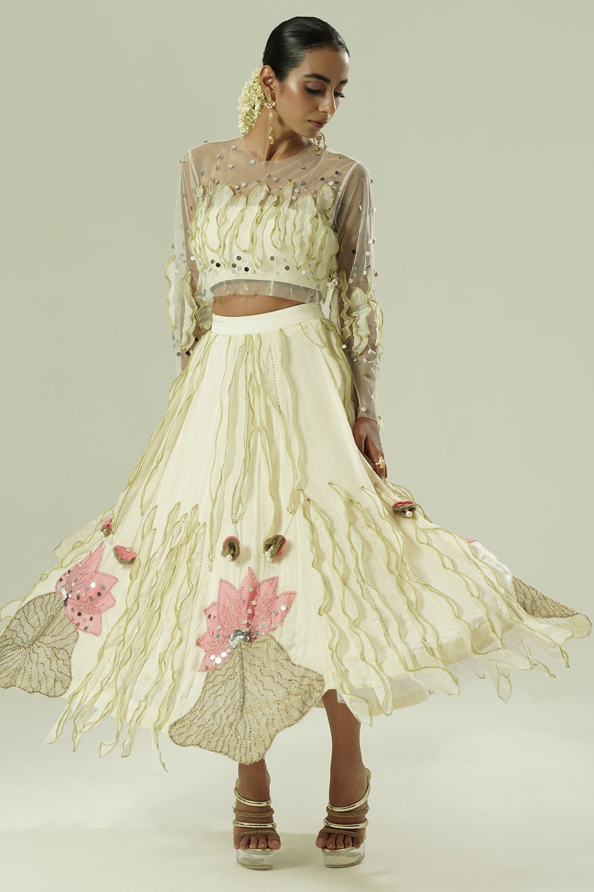 Buy Ivory Lotus Patch Lehenga Set for women by Shwetanga Designer online available at scrollnshops