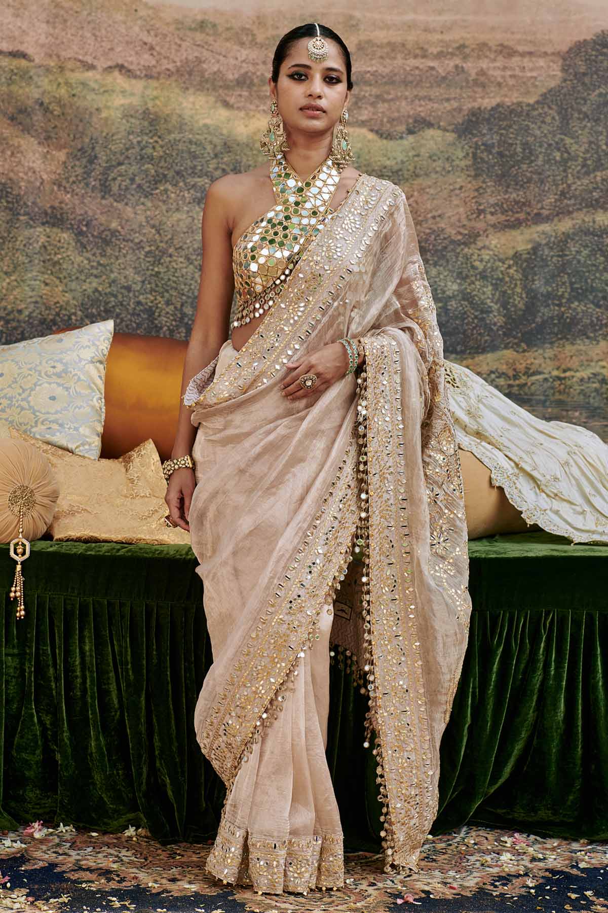 Buy ITRH, Designer Ivory Mirror Work Saree & Blouse Online