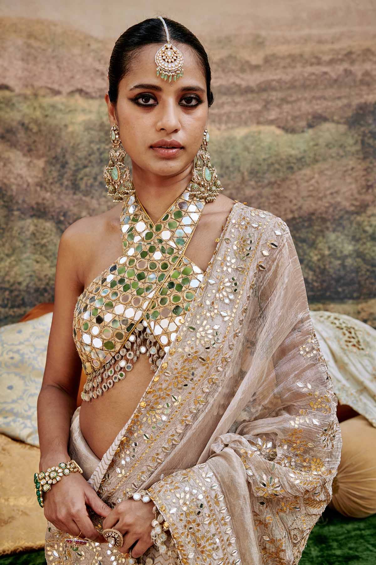 Ivory Mirror Work Saree & Blouse