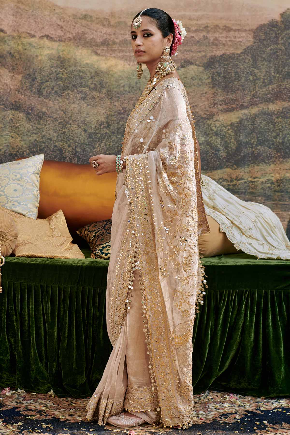 Ivory Mirror Work Saree & Blouse