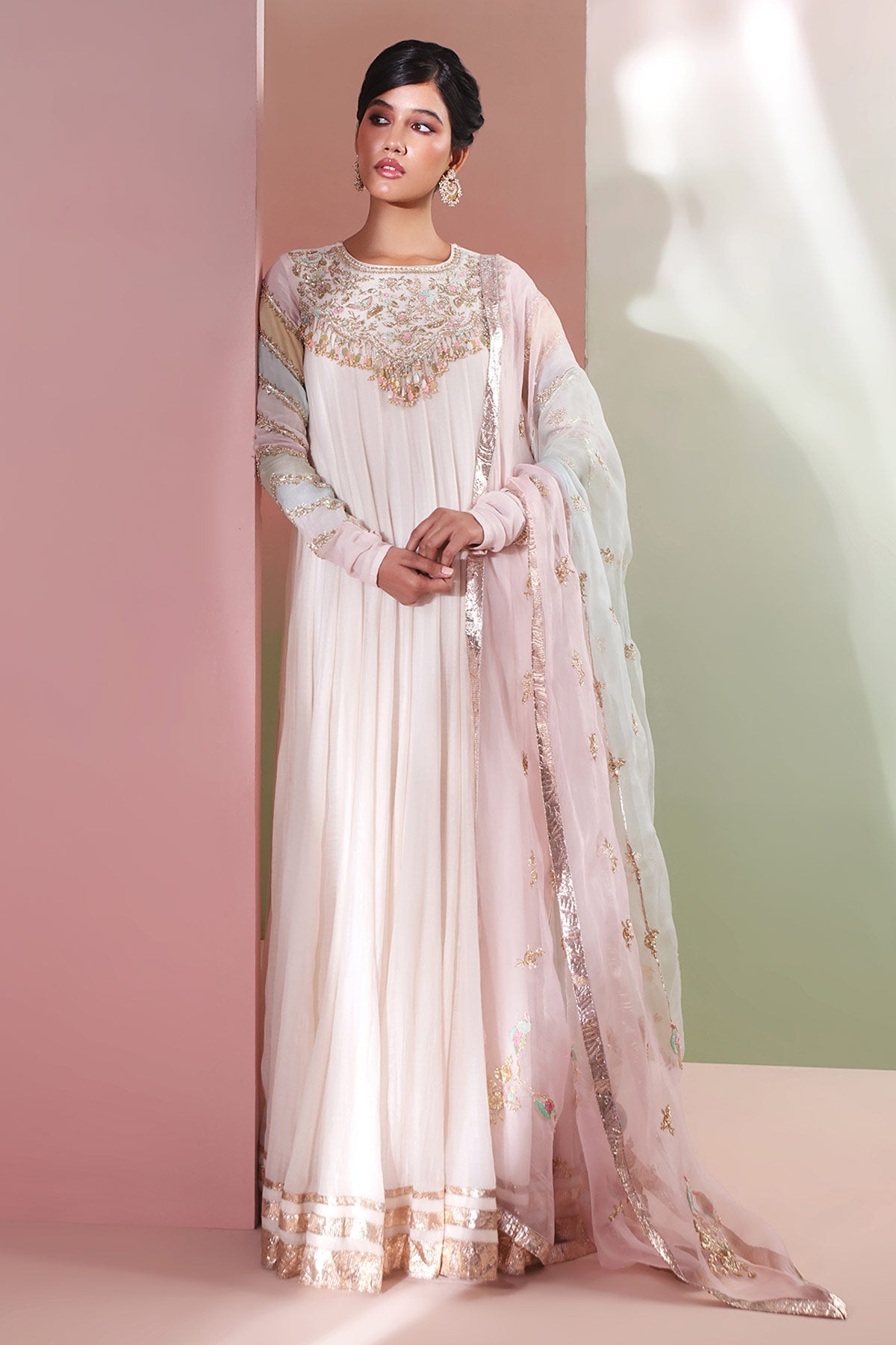 Buy Ivory Mul Chanderi Anarkali Set Set for women by Priyanka Jain online available at scrollnshops