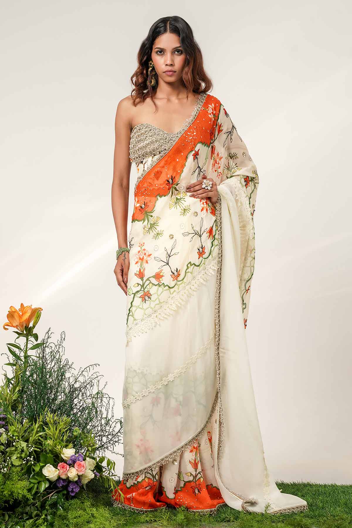 Buy Ivory & Multi Pleated Saree Set for women by Shwetanga online available at scrollnshops