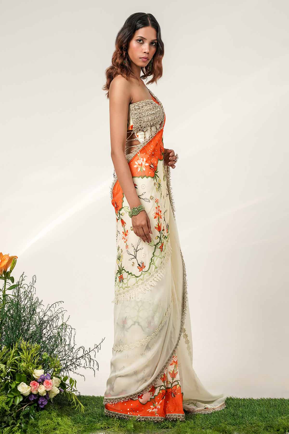Ivory & Multi Pleated Saree Set