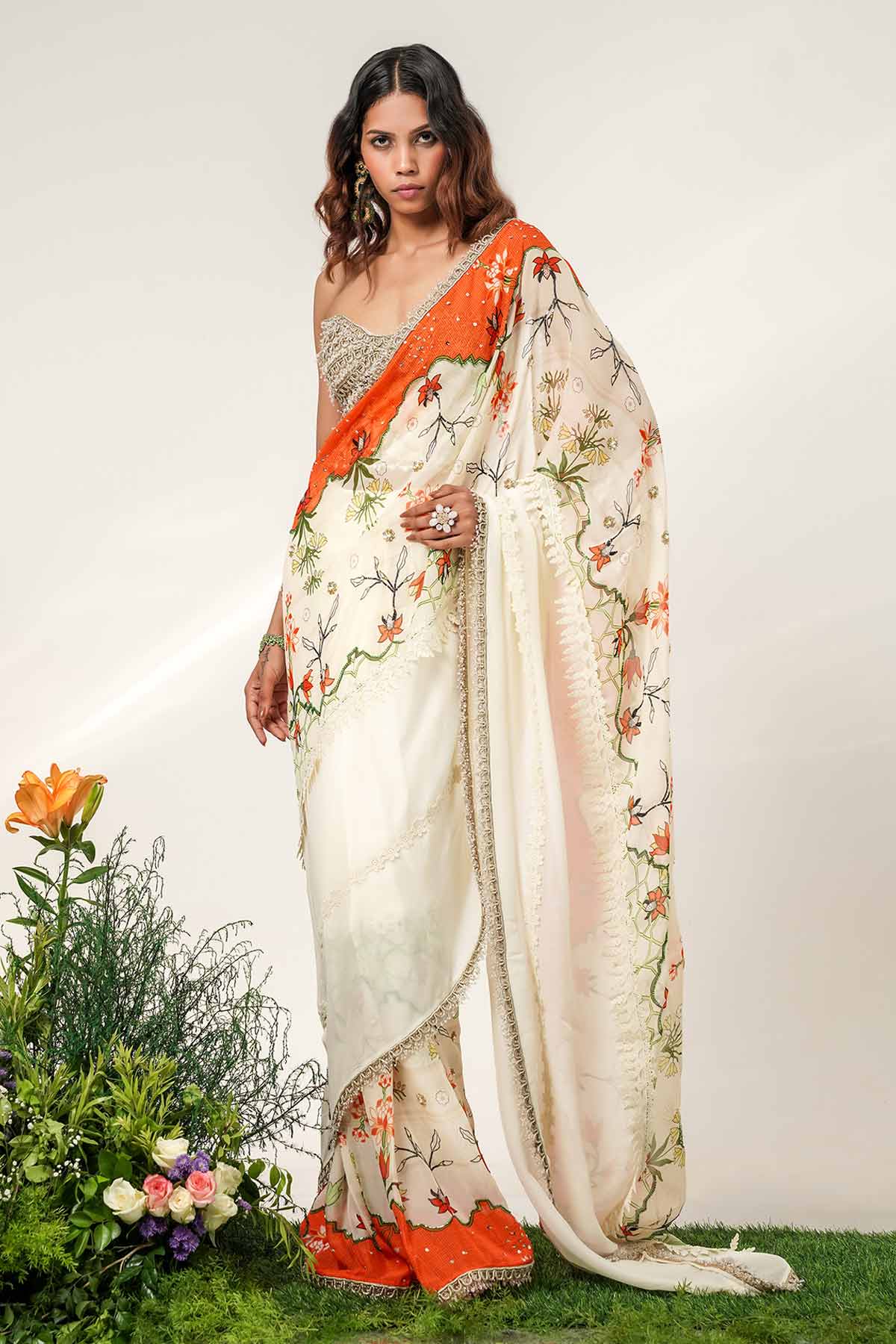 Ivory & Multi Pleated Saree Set