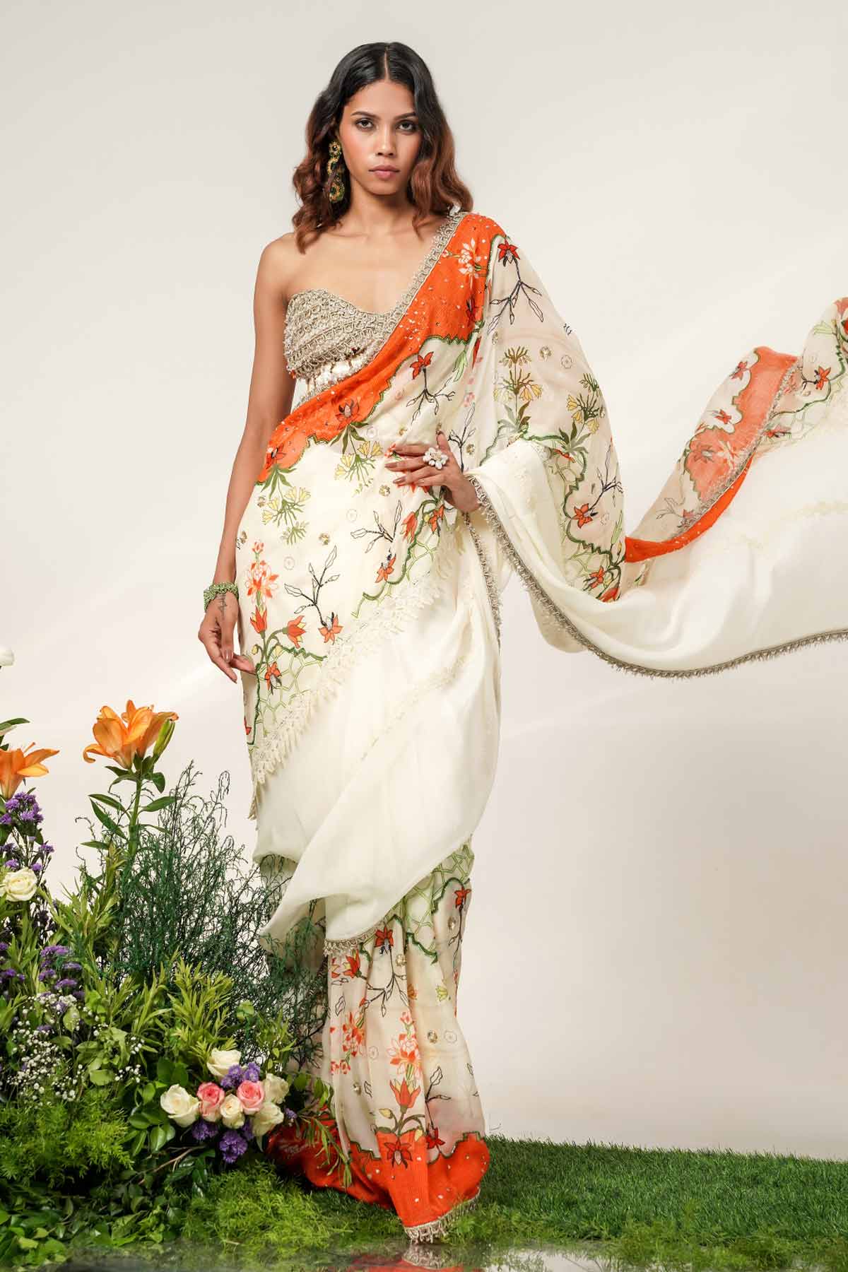 Ivory & Multi Pleated Saree Set