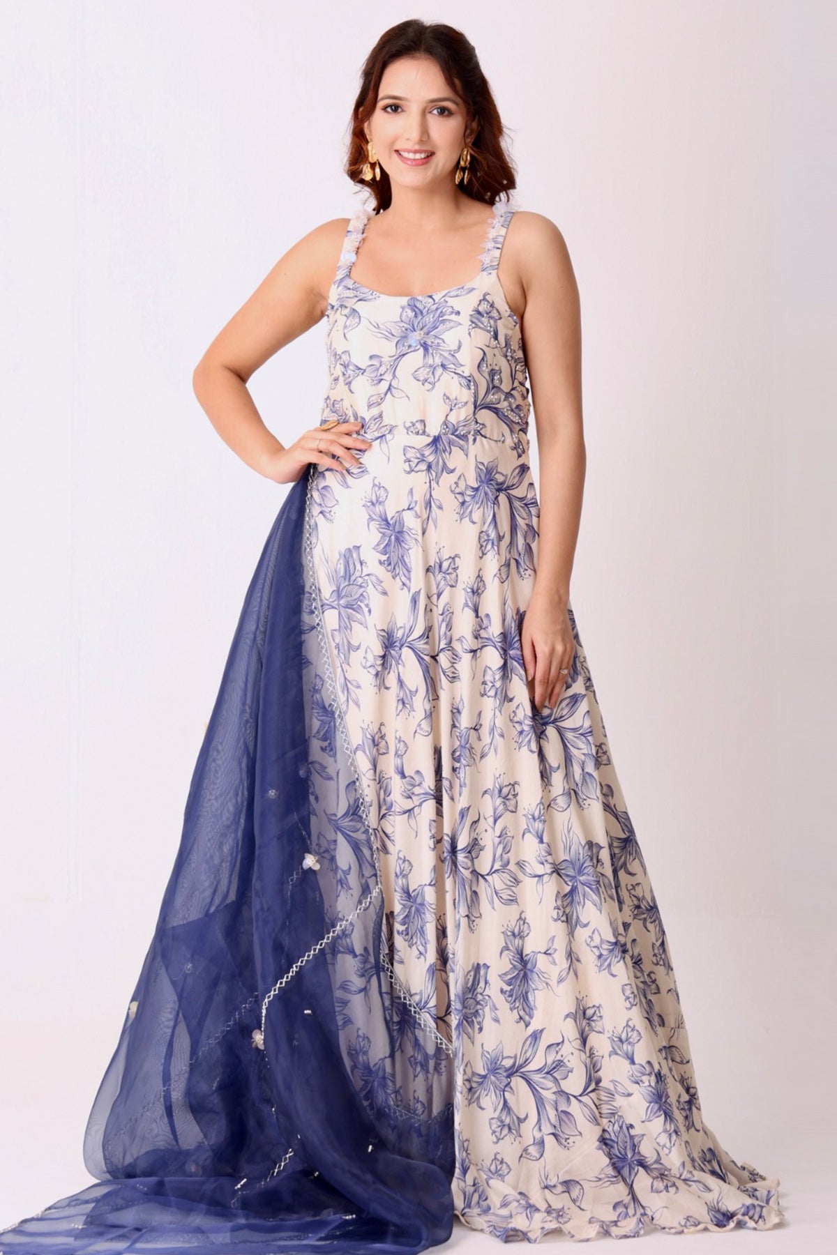 Buy Ivory & Navy Floral Anarkali for women by Namita Sharma Designer online available at scrollnshops