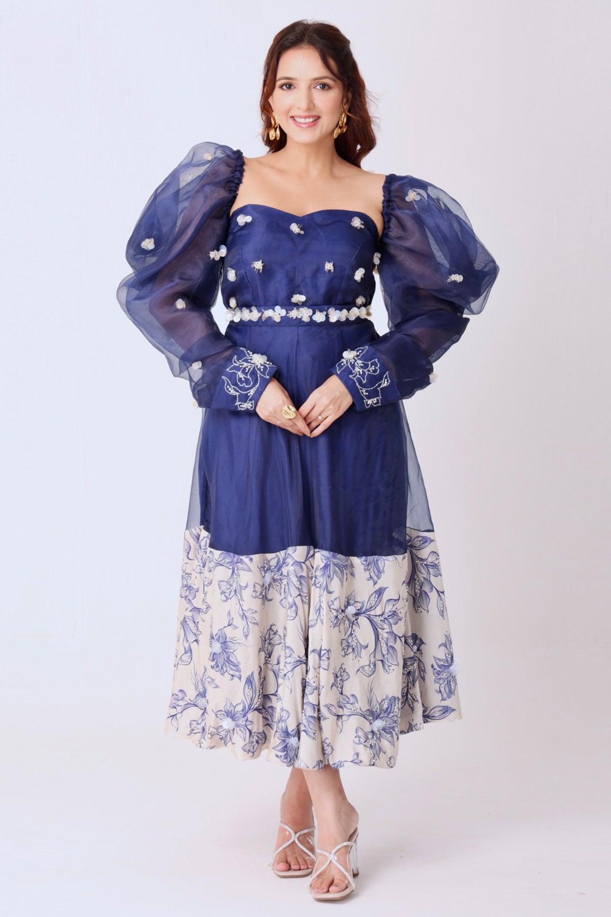 Buy Ivory & Navy Silk Floral Dress for women by Namita Sharma Designer online available at scrollnshops