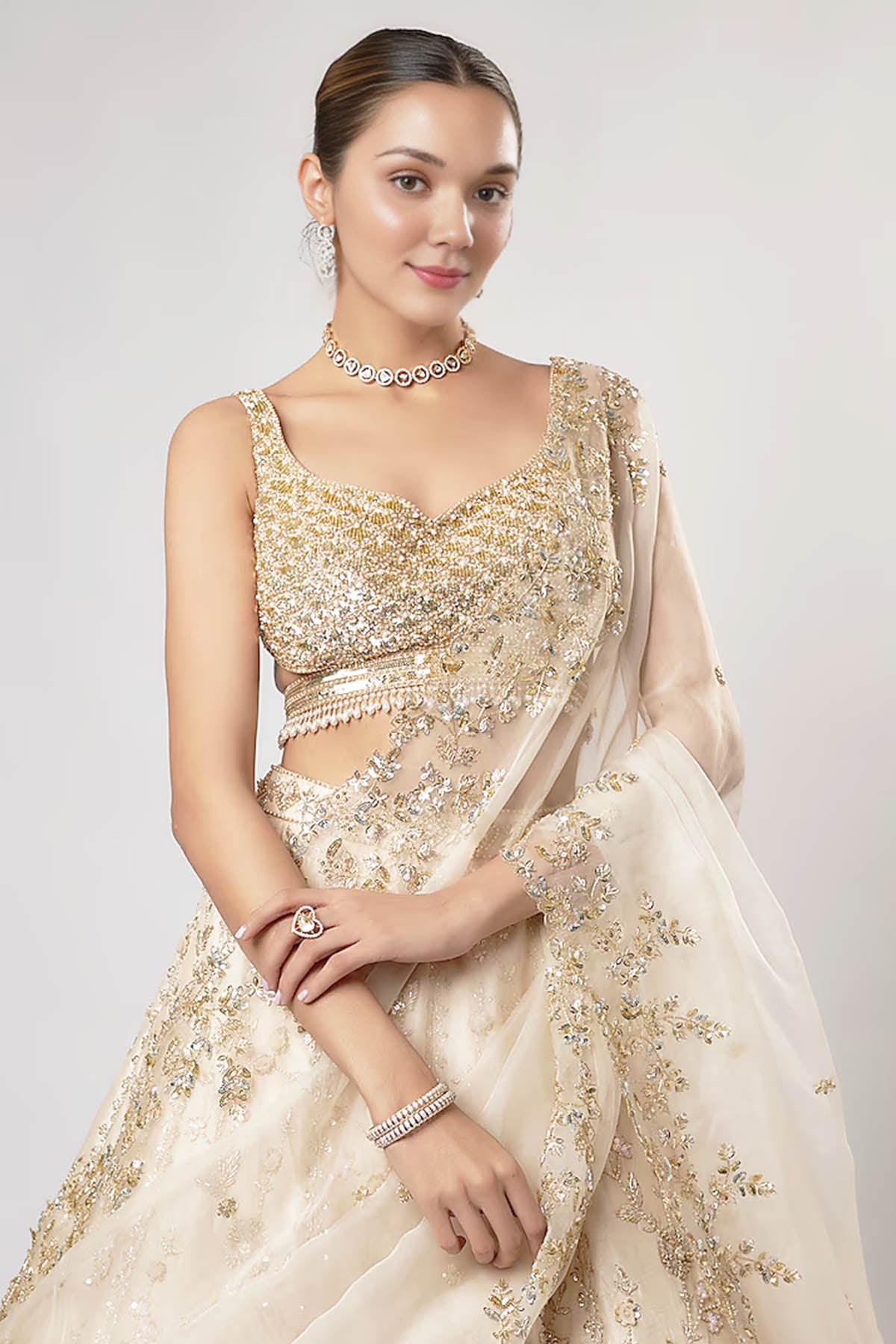 Ivory Net Floral Lehenga Set