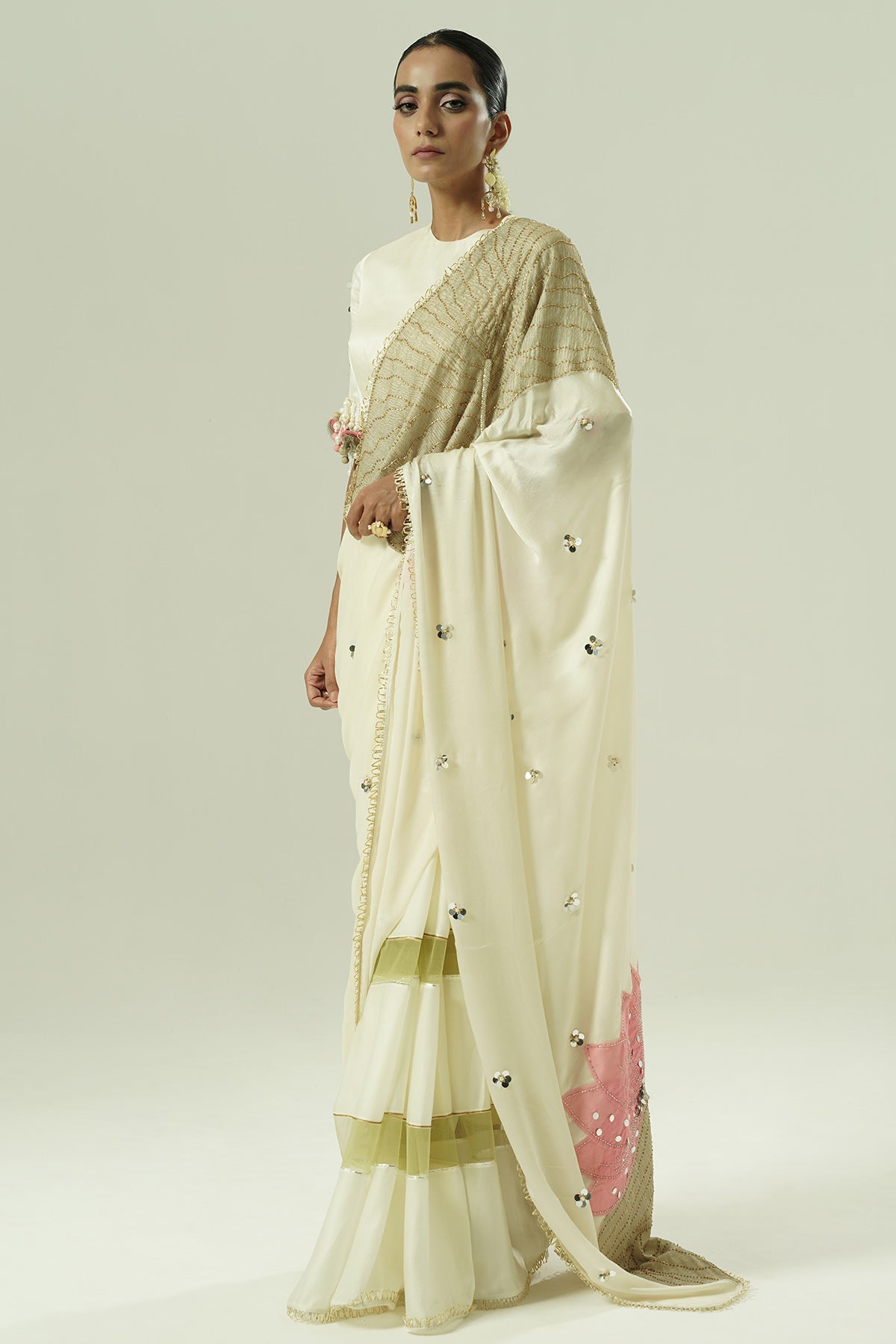 Ivory Net Patchwork Saree Set
