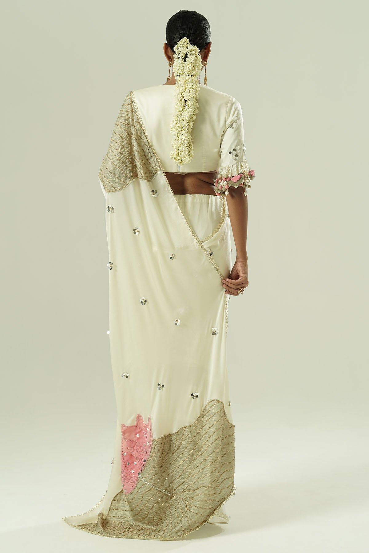 Ivory Net Patchwork Saree Set