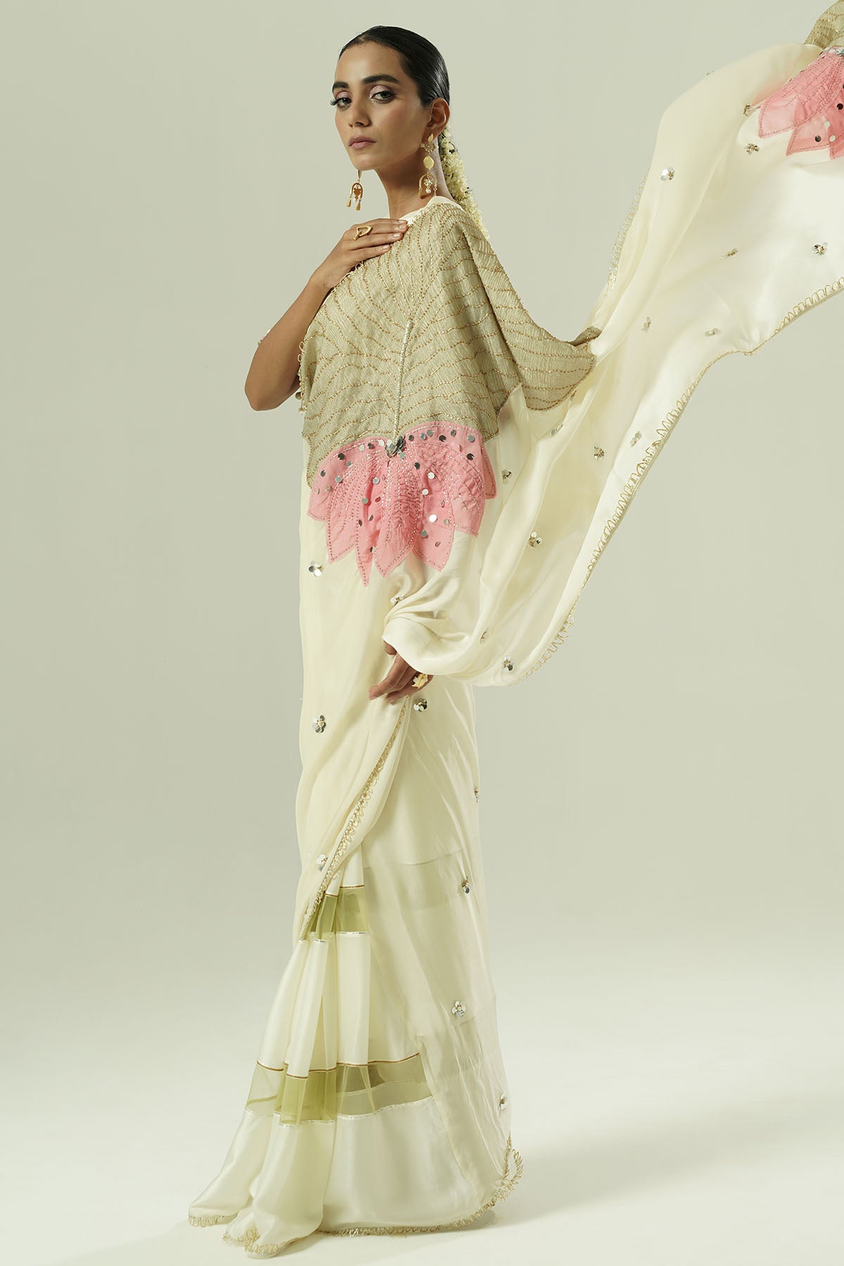 Ivory Net Patchwork Saree Set