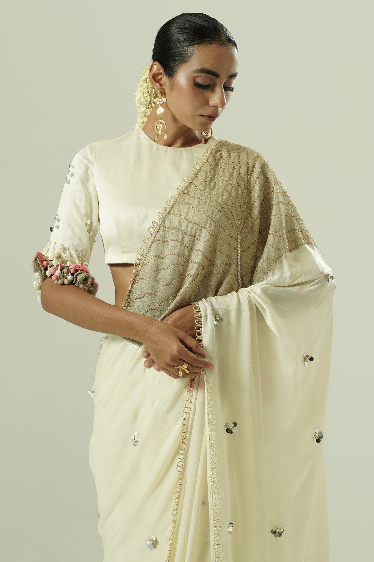 Ivory Net Patchwork Saree Set