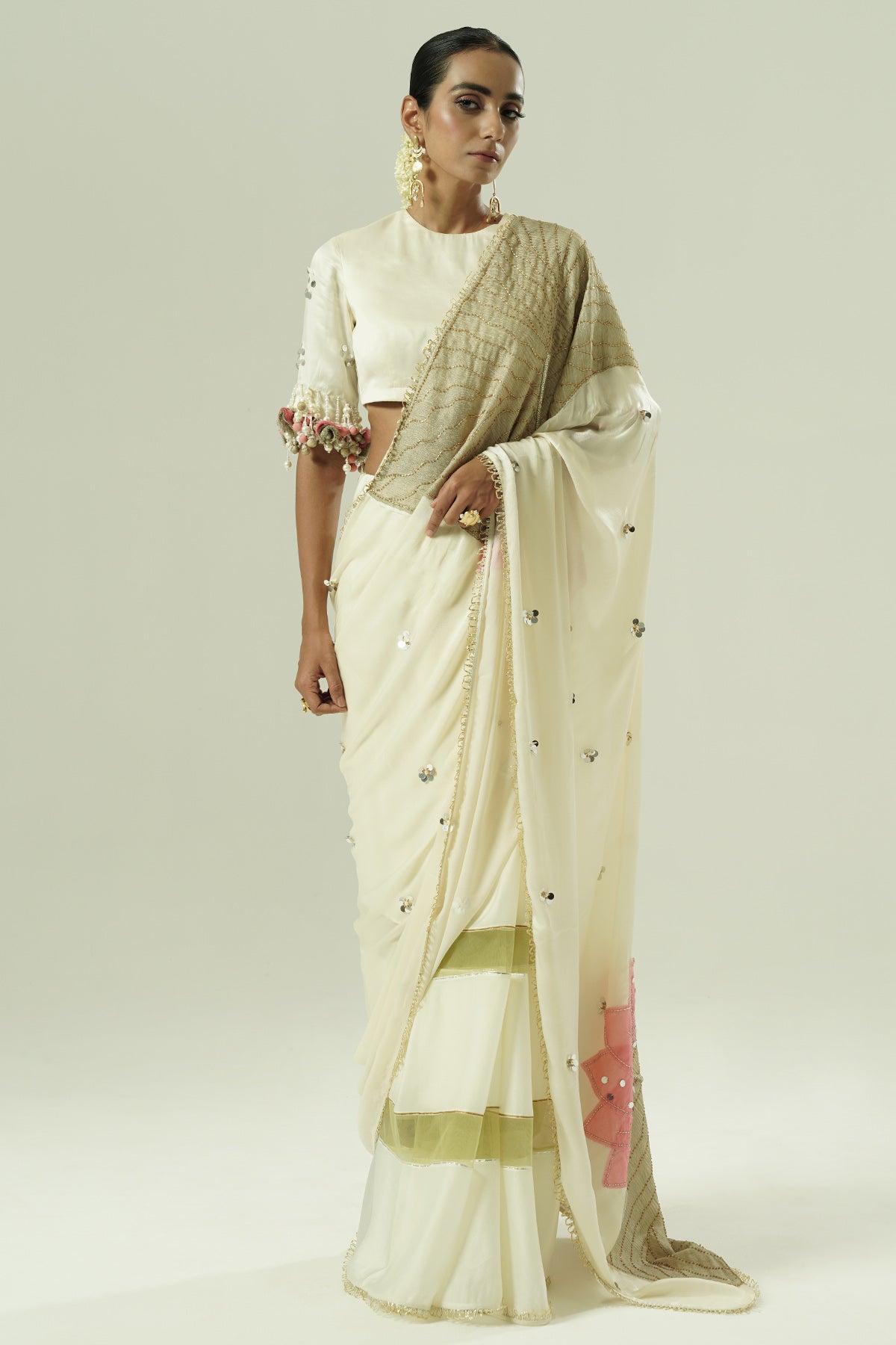 Buy Ivory Net Patchwork Saree Set for women by Shwetanga Designer online available at scrollnshops