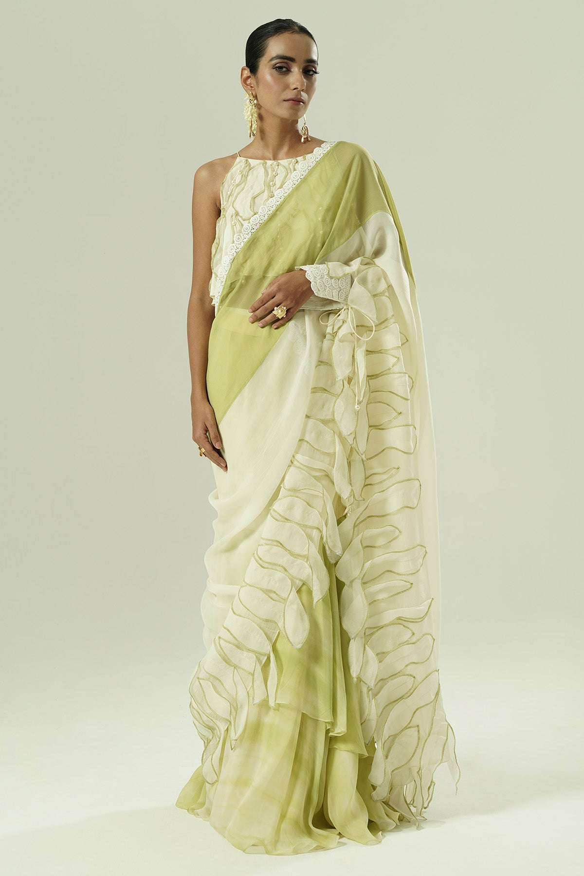 Buy Ivory Olive Beadwork Saree Set for women by Shwetanga Designer online available at scrollnshops