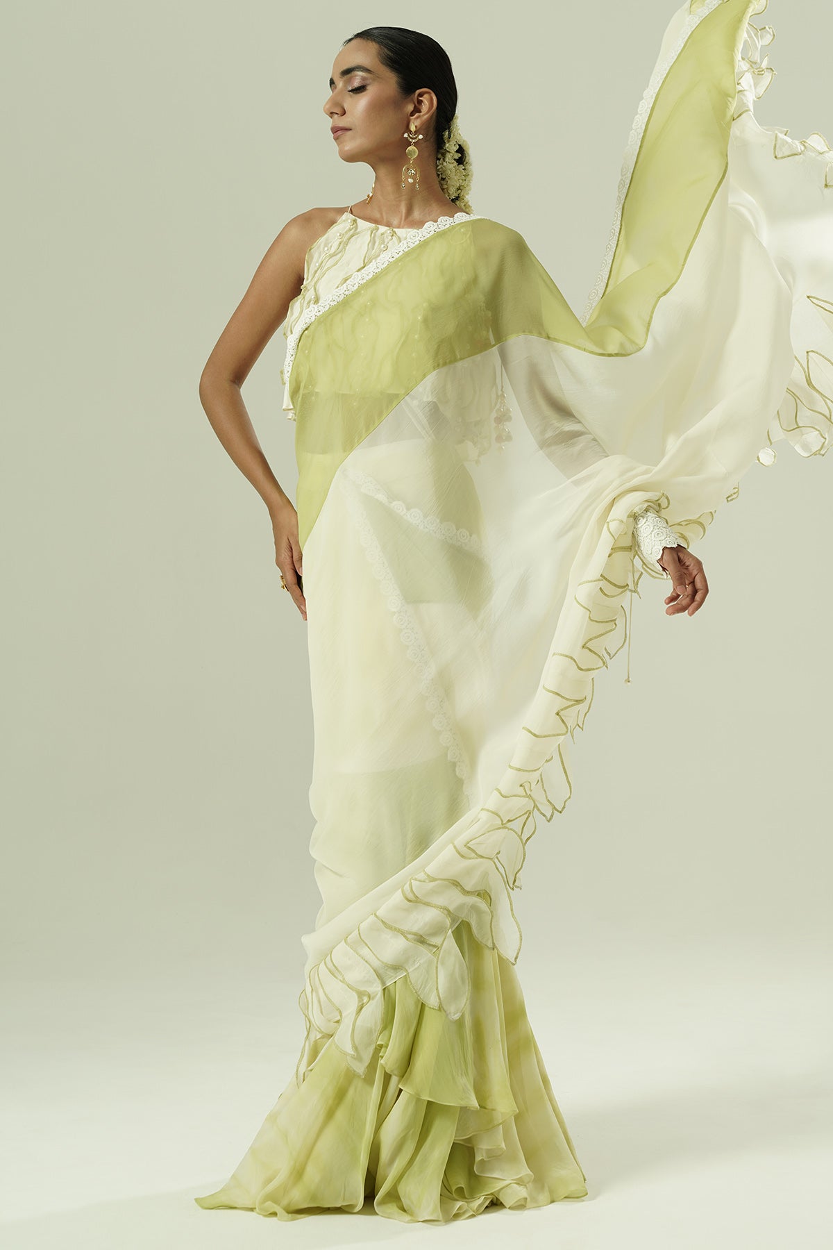 Ivory Olive Beadwork Saree Set