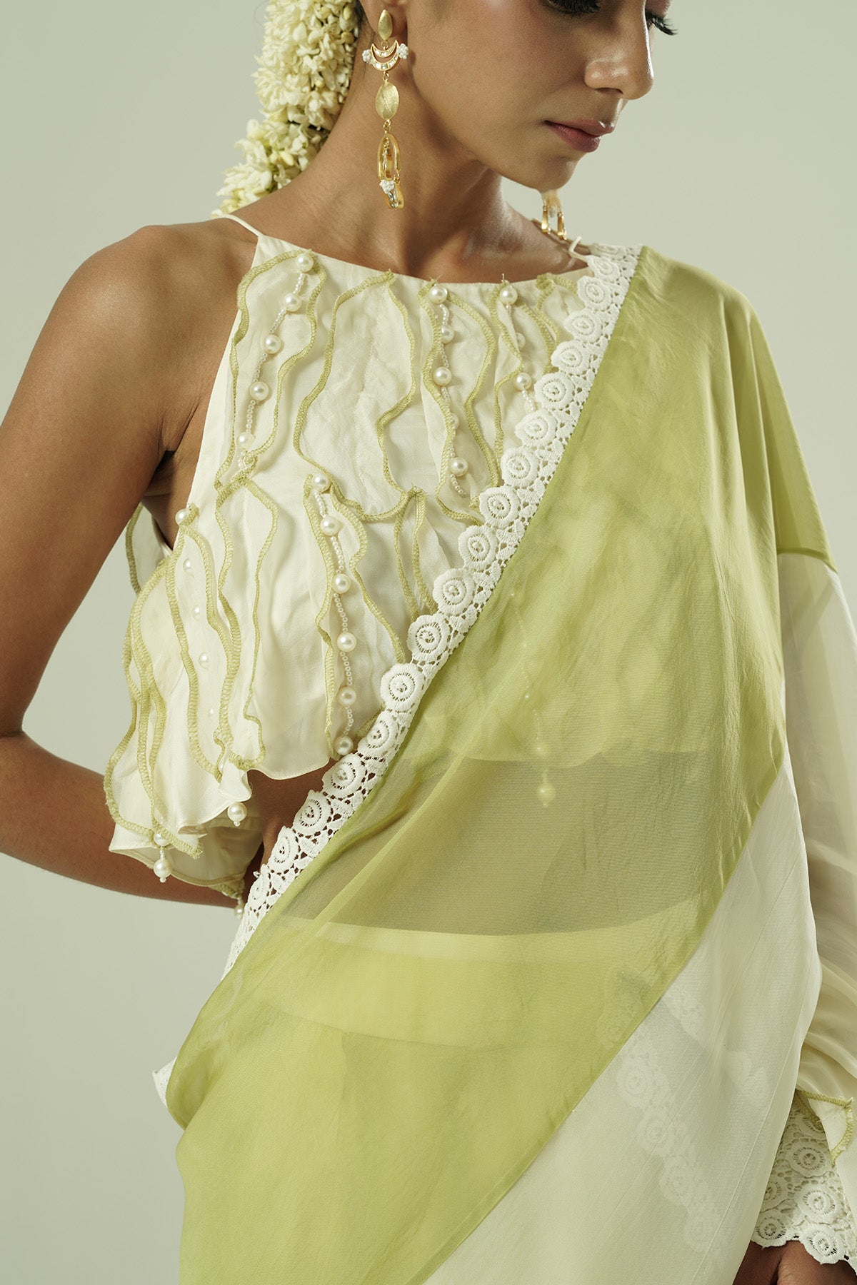 Ivory Olive Beadwork Saree Set