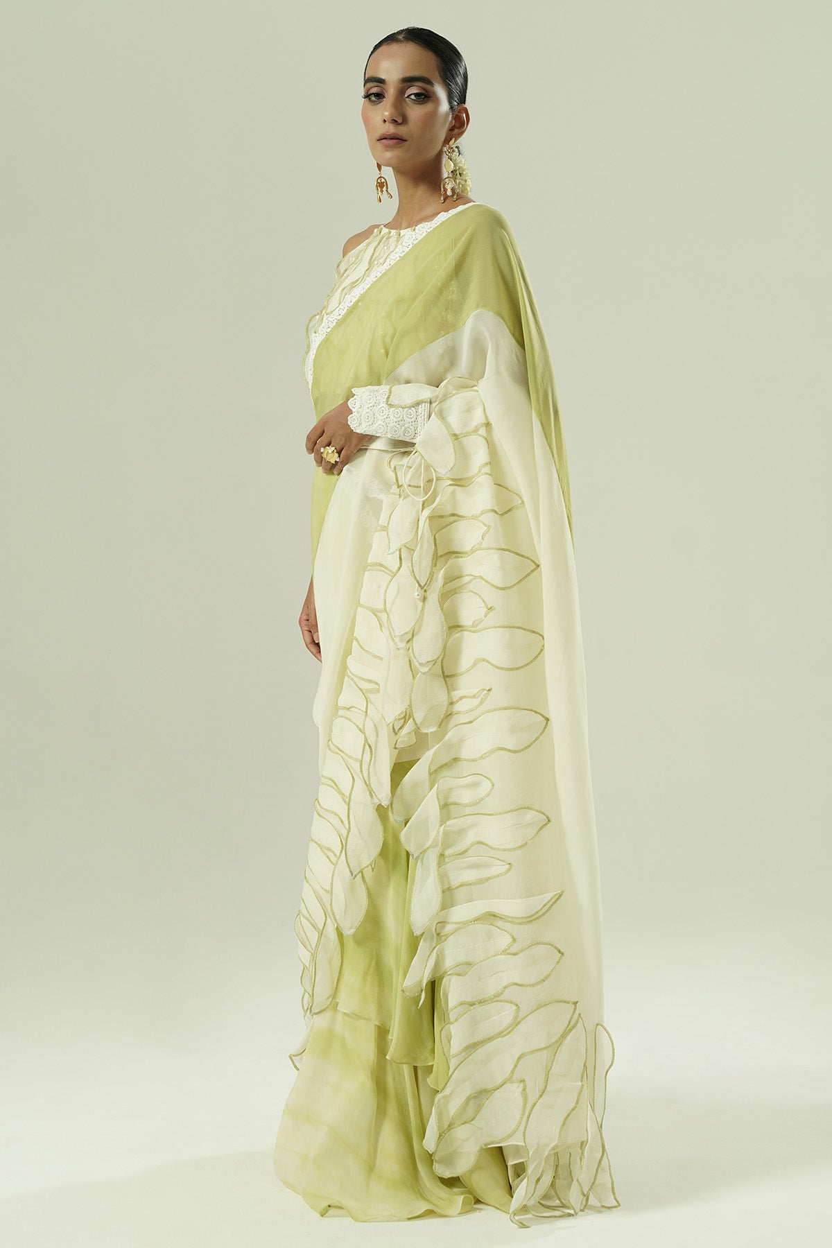 Ivory Olive Beadwork Saree Set