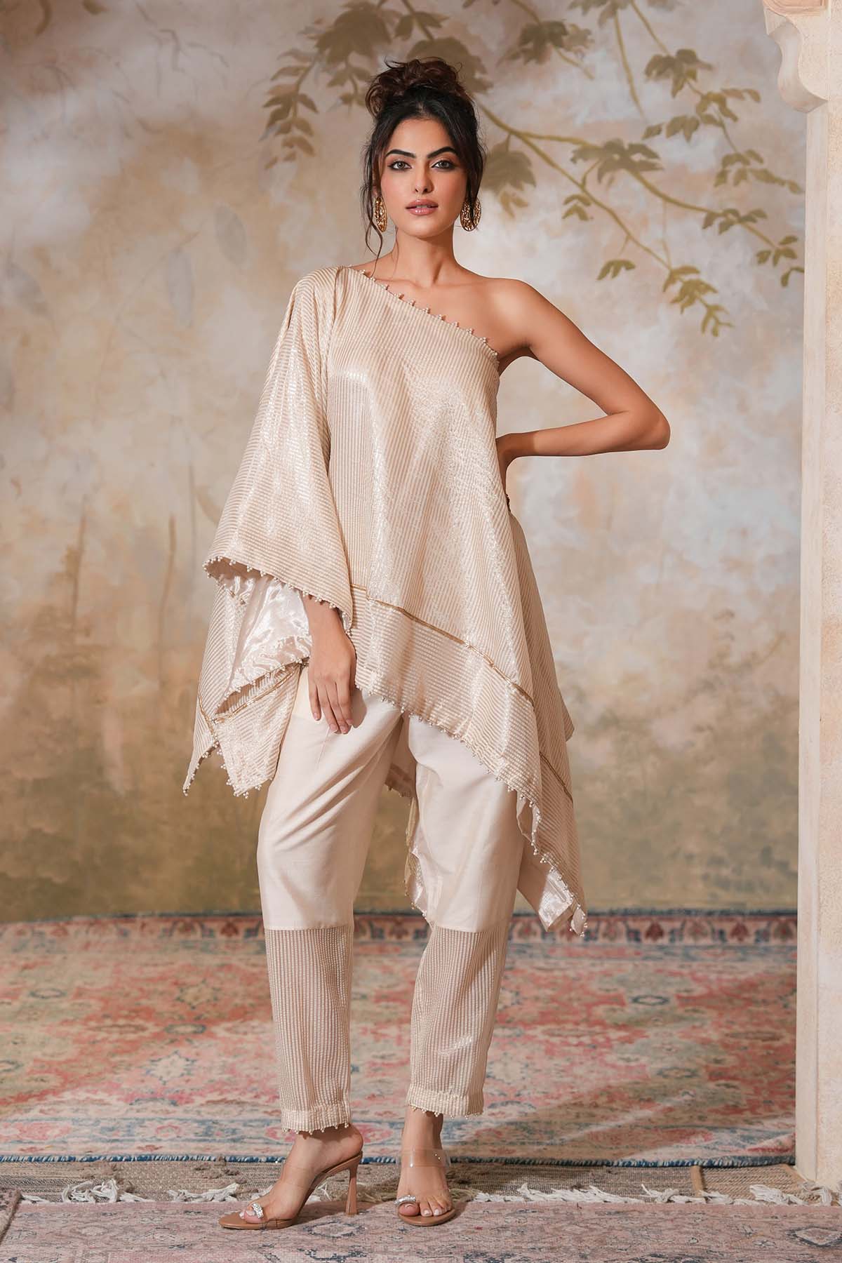 Buy Ivory One Shoulder Kaftan Set by Ugna by Unnati for women online at ScrollnShops