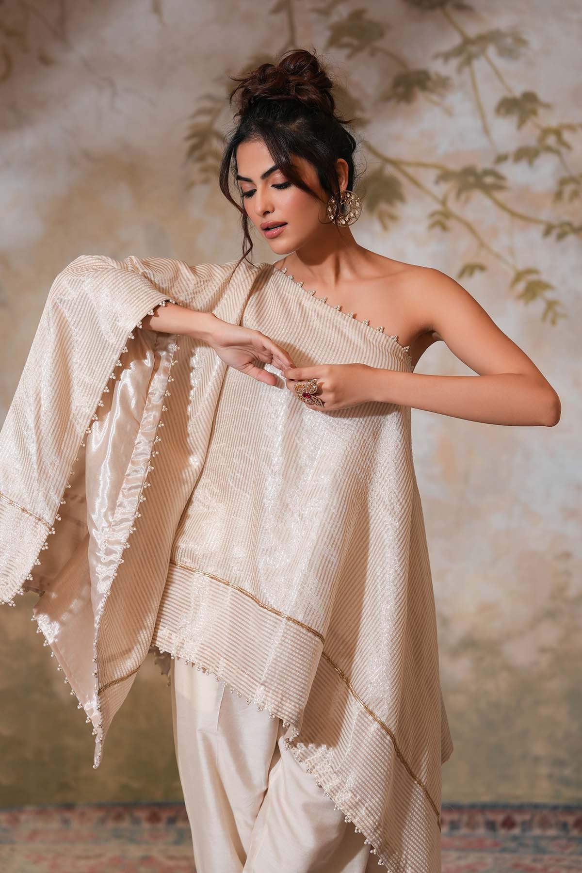 Ivory One Shoulder Zari Kaftan