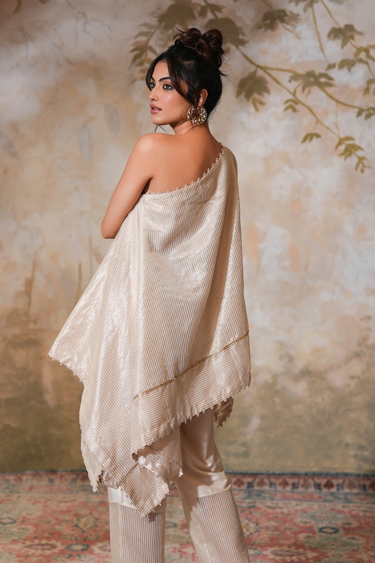 Ivory One Shoulder Zari Kaftan