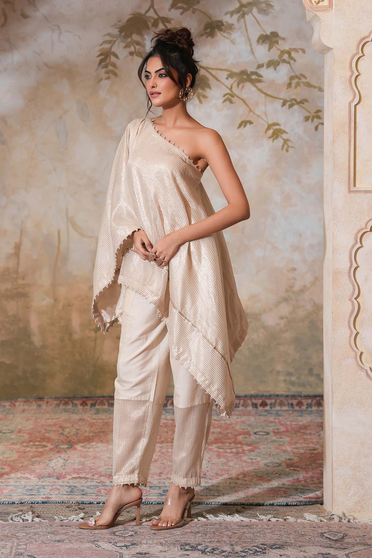 Ivory One Shoulder Zari Kaftan