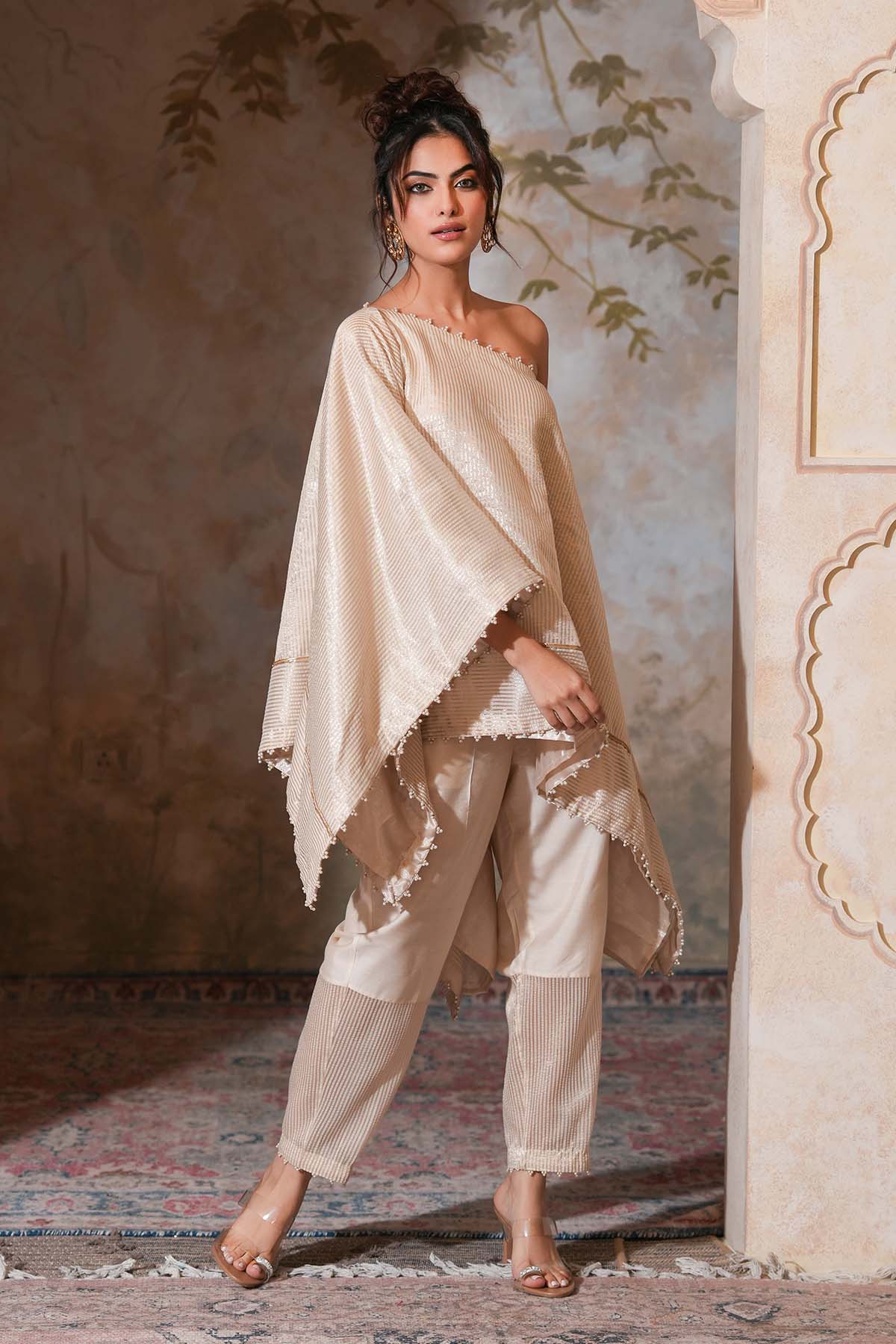 Ivory One Shoulder Zari Kaftan