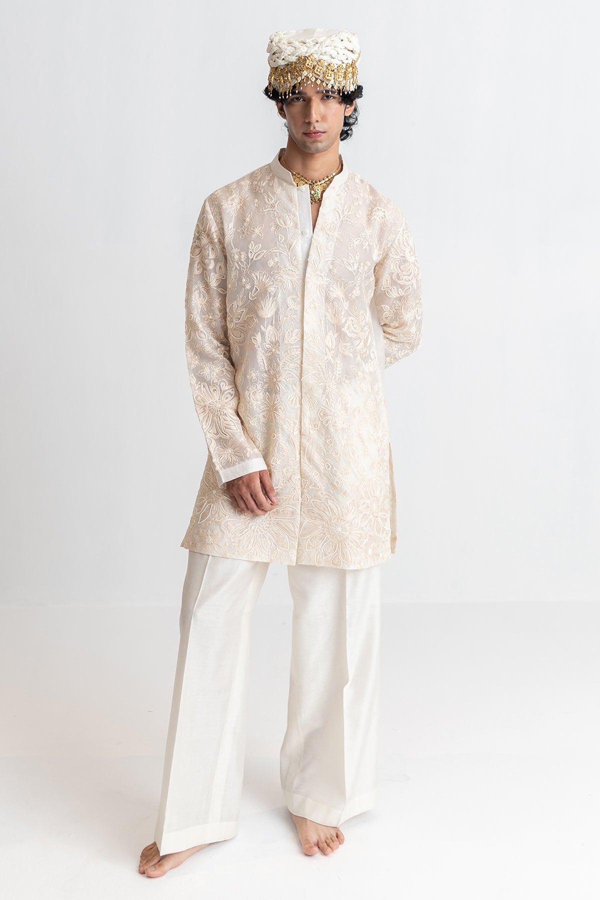 Buy Ivory Organza Aari Kurta & Pant for men by Ajiesh Oberoi online available at scrollnshops