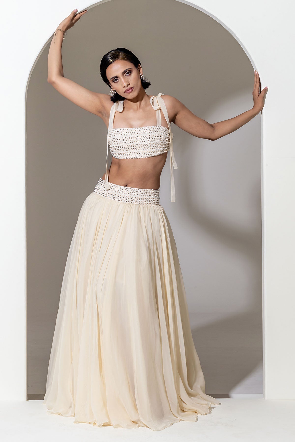 Designer Kusmi Ivory Embroidered Organza Skirt For Women at ScrollnShops