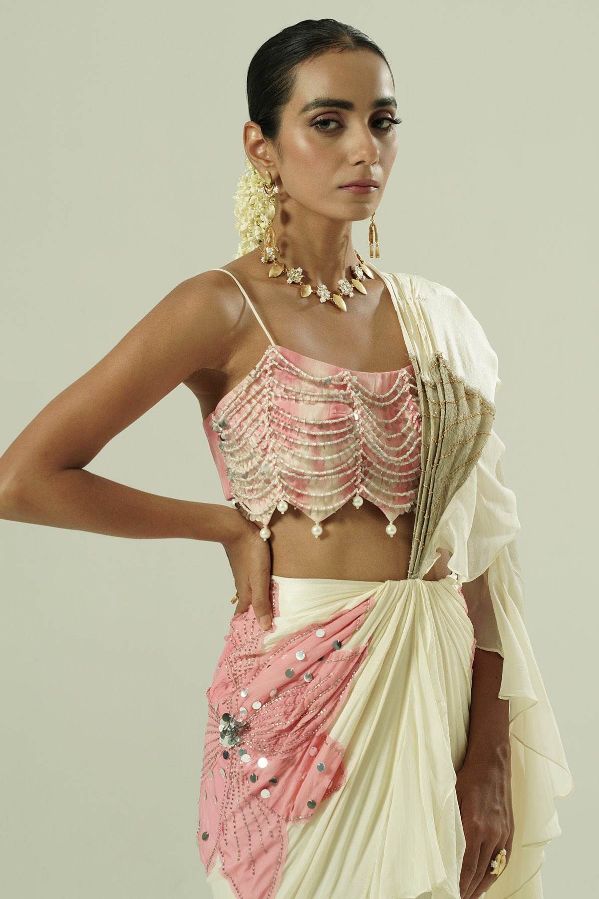 Ivory Organza Patchwork Saree