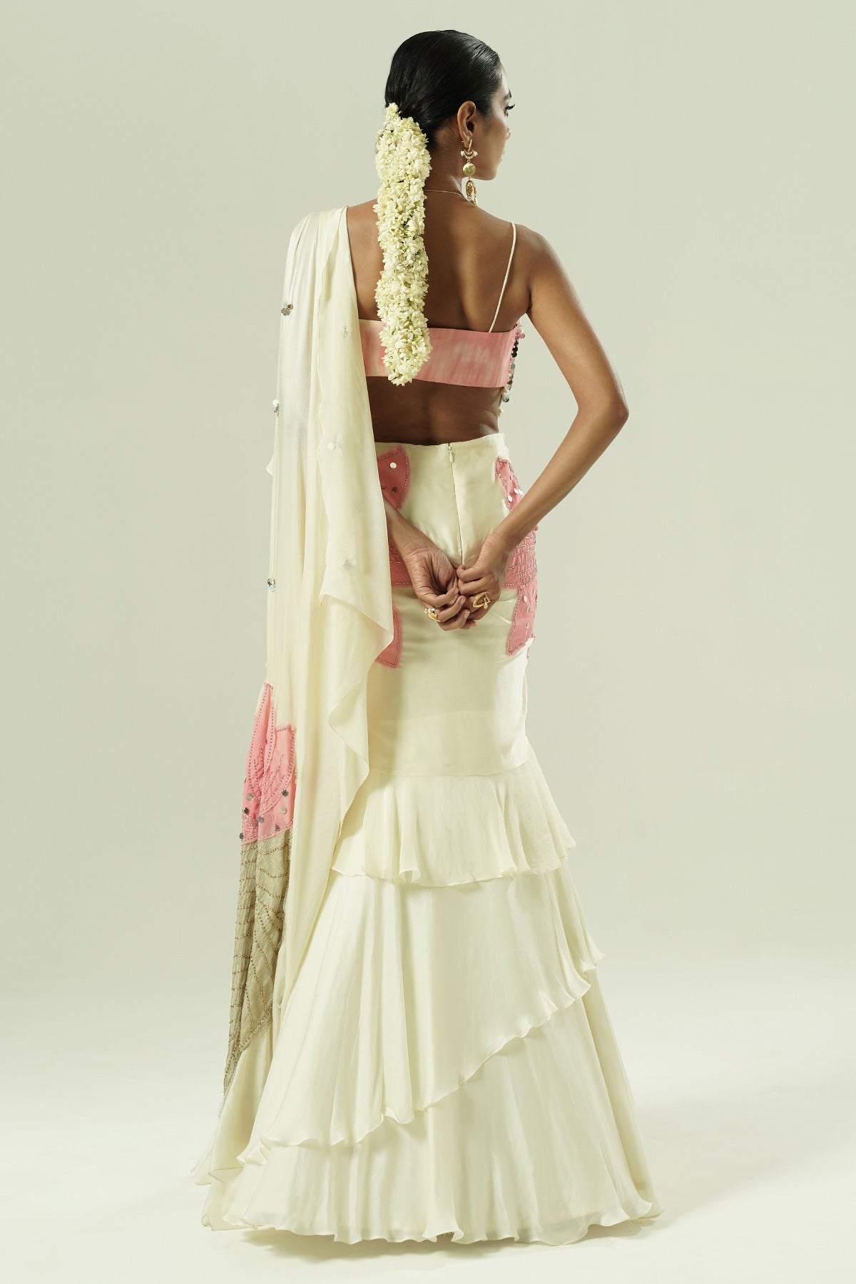 Ivory Organza Patchwork Saree