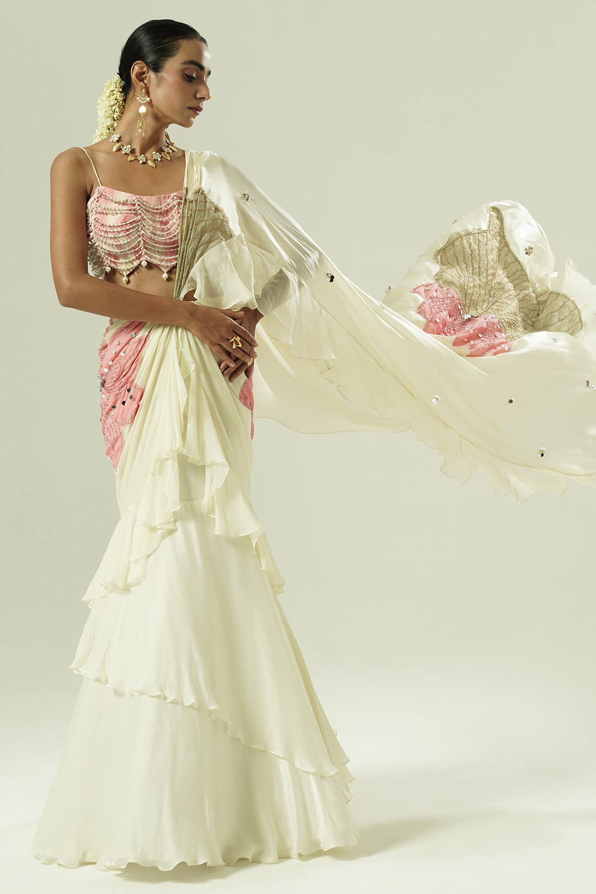 Ivory Organza Patchwork Saree