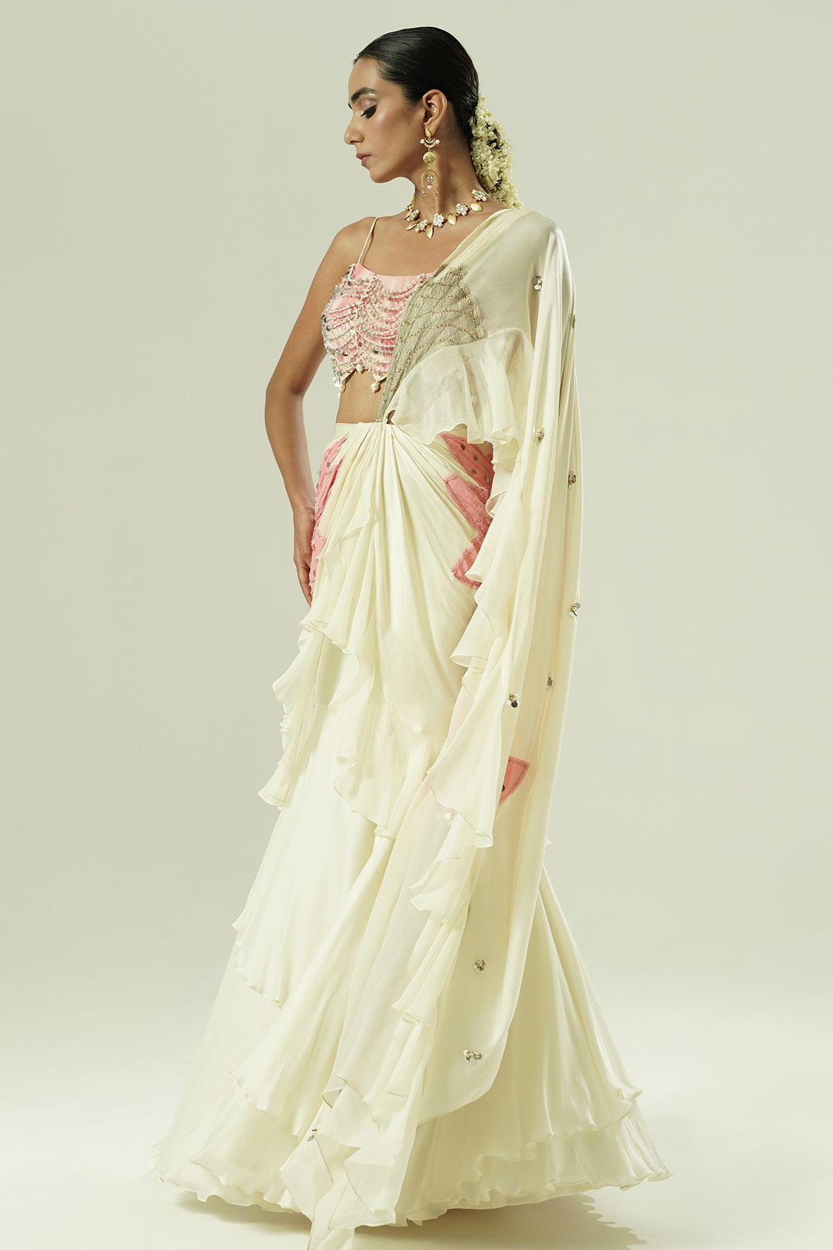 Ivory Organza Patchwork Saree