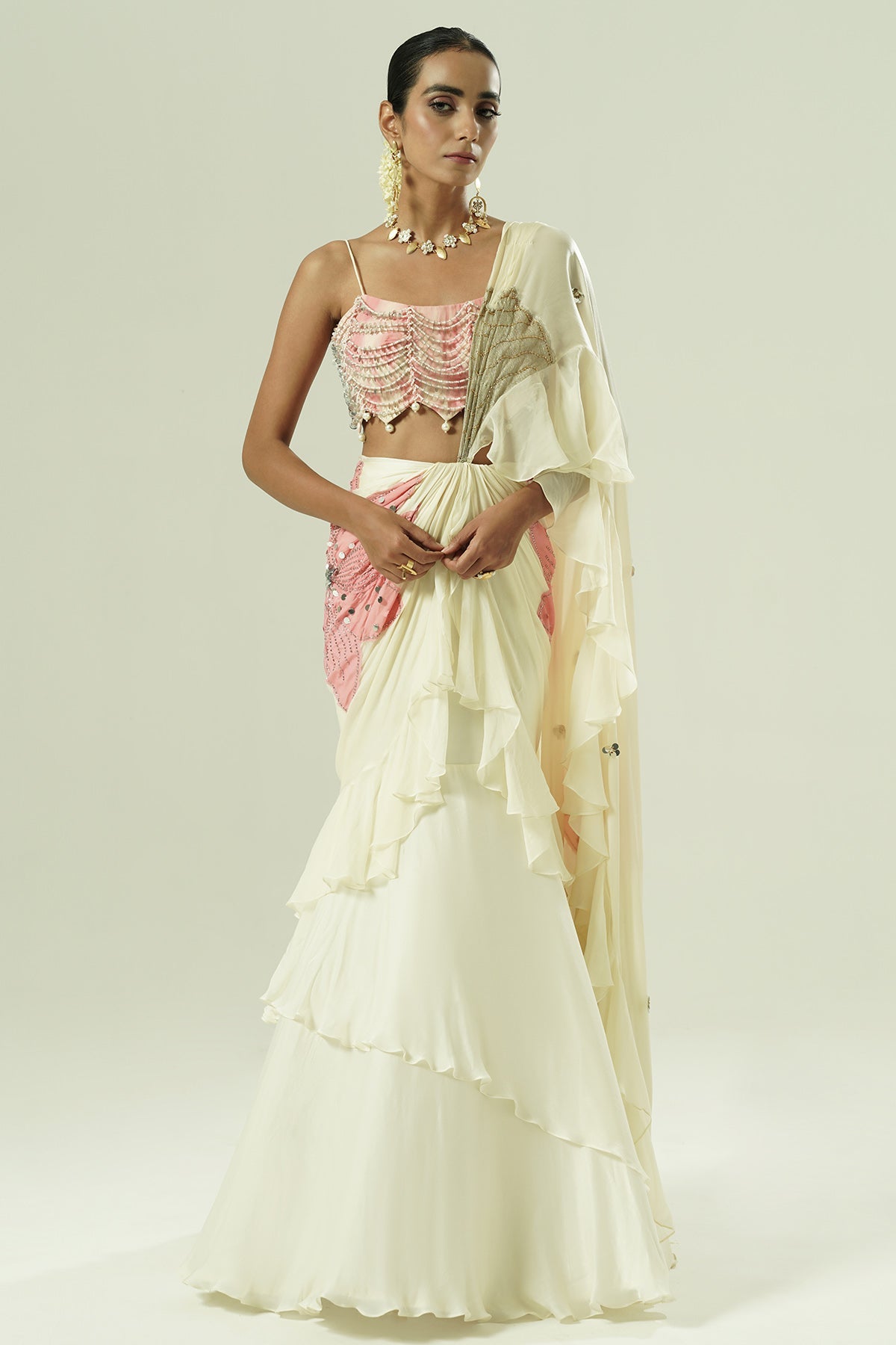 Buy Ivory Organza Patchwork Saree for women by Shwetanga Designer online available at scrollnshops