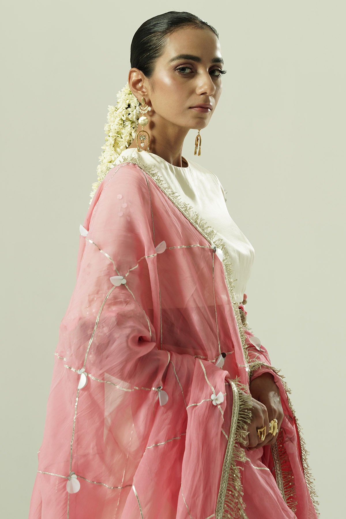 Ivory Organza Pearl Lehenga Set